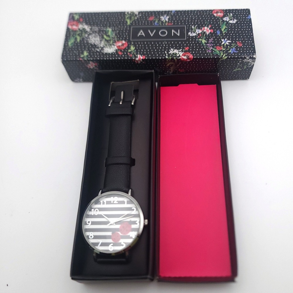 Avon Lucky Lady Watch Black White Striped Ladybug Silver Tone Quartz F4296141